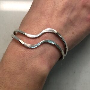 Designer Signed Handmade Sterling Silver Modernist Wavy Cuff Bracelet